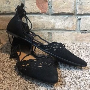 Black ankle tie flats